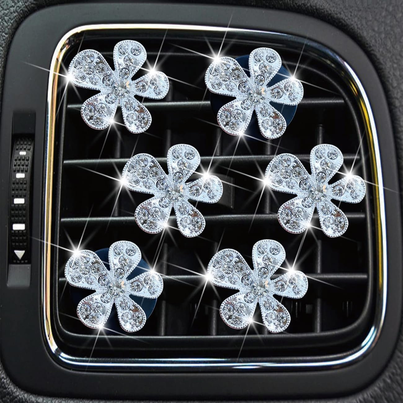 6Pcs Diamond Encrusted Flower Car Air Fresheners Vent Clips with 12Pcs Fragrance Pads Cute Car Air Conditioner Vent Charm Interior Decor Gift