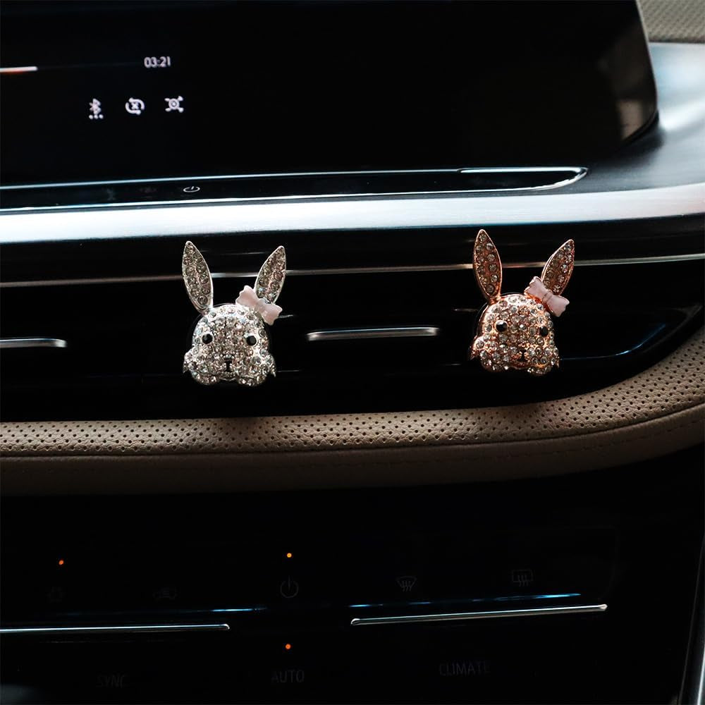 Bling Car Accessories,2Pcs Cute Pink Bow Gold Rabbit Bunny Car Air Freshener Vent Clips,Women Car Charms Car Decorations Car Diffuser