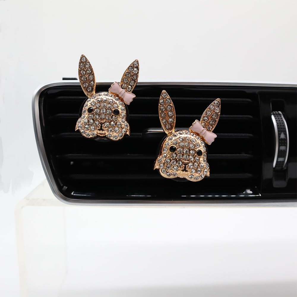 Bling Car Accessories,2Pcs Cute Pink Bow Gold Rabbit Bunny Car Air Freshener Vent Clips,Women Car Charms Car Decorations Car Diffuser