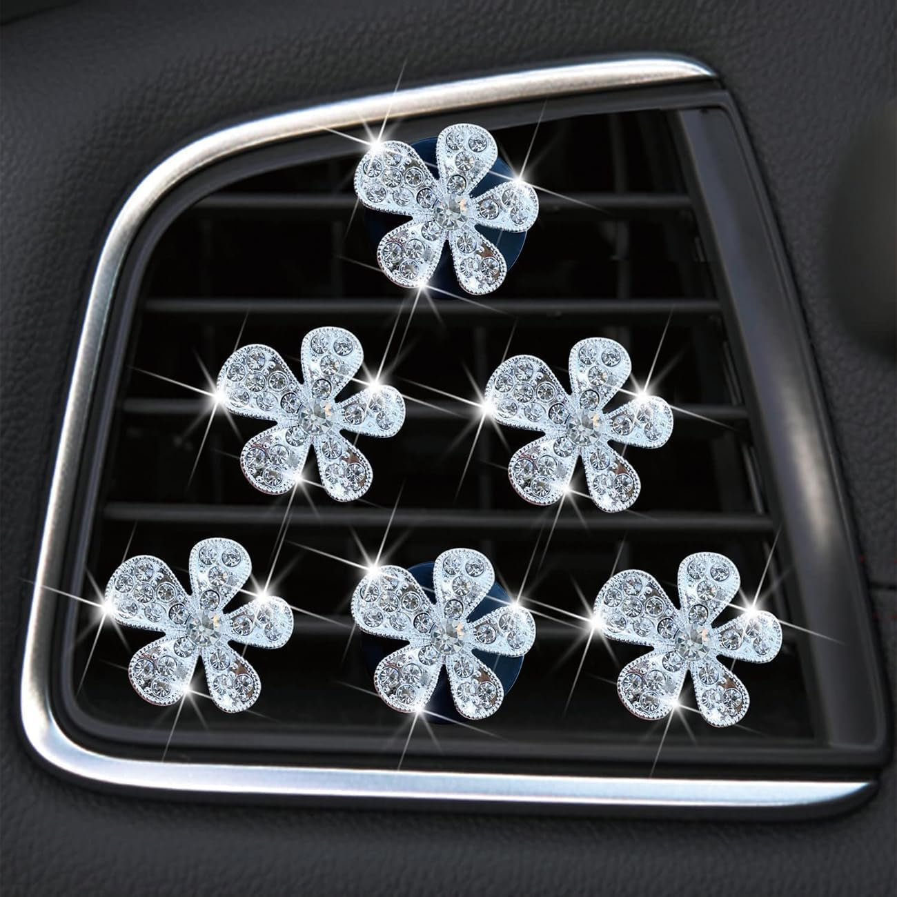 6Pcs Diamond Encrusted Flower Car Air Fresheners Vent Clips with 12Pcs Fragrance Pads Cute Car Air Conditioner Vent Charm Interior Decor Gift
