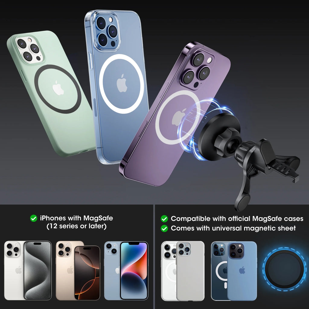 Universal Magnetic Phone Mount with Magnetic Disc, 360° Rotation, Air Vent Holder, Super Strong Magnet, Black