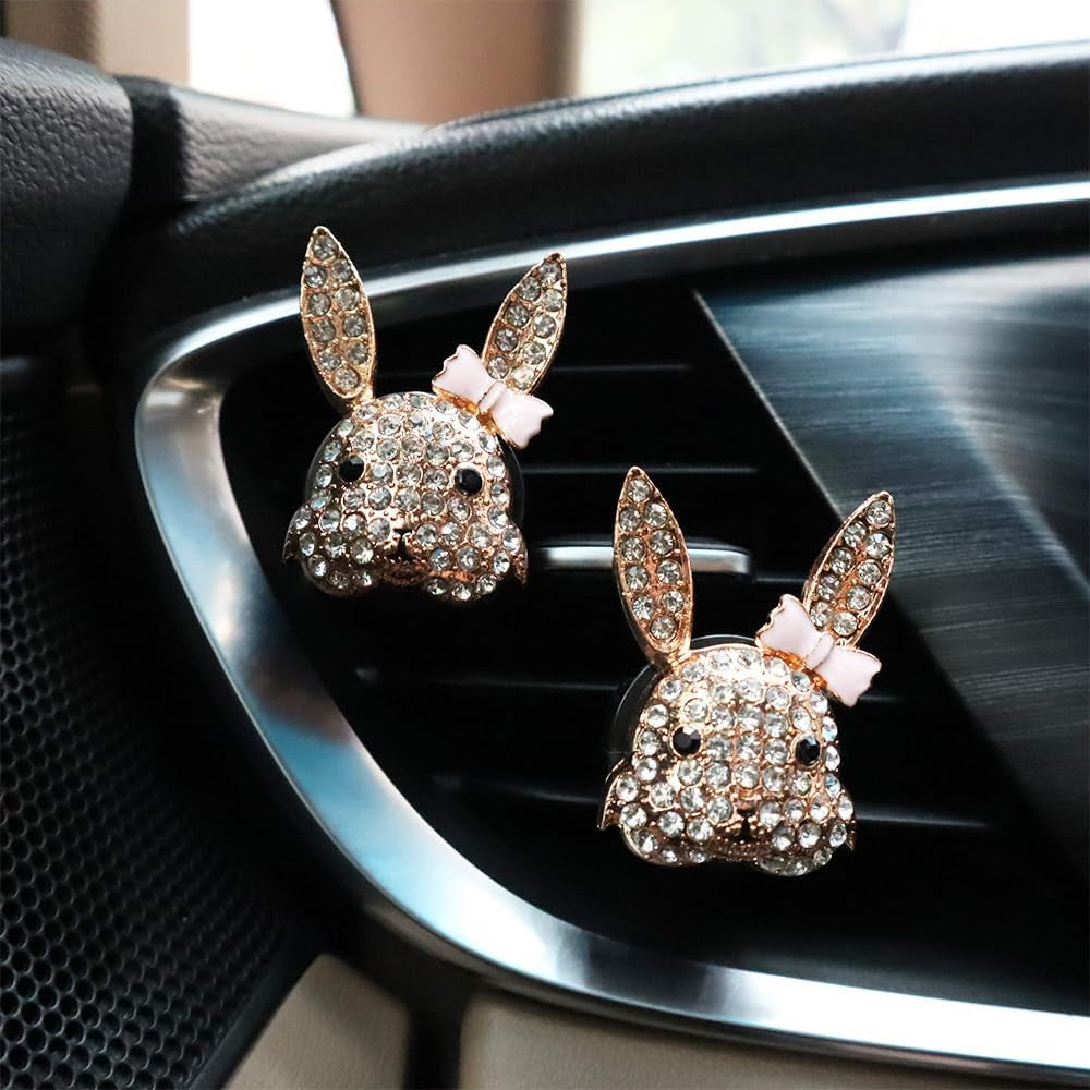 Bling Car Accessories,2Pcs Cute Pink Bow Gold Rabbit Bunny Car Air Freshener Vent Clips,Women Car Charms Car Decorations Car Diffuser