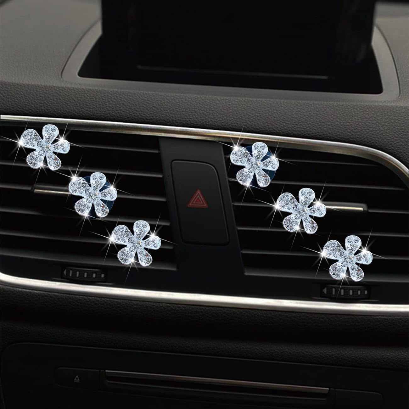 6Pcs Diamond Encrusted Flower Car Air Fresheners Vent Clips with 12Pcs Fragrance Pads Cute Car Air Conditioner Vent Charm Interior Decor Gift