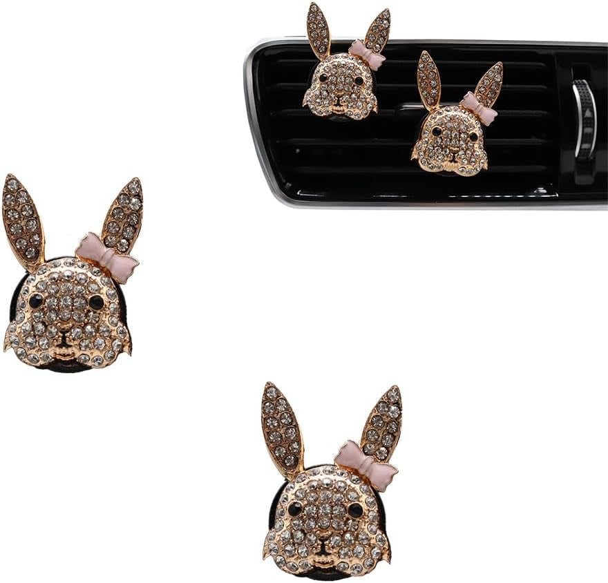 Bling Car Accessories,2Pcs Cute Pink Bow Gold Rabbit Bunny Car Air Freshener Vent Clips,Women Car Charms Car Decorations Car Diffuser