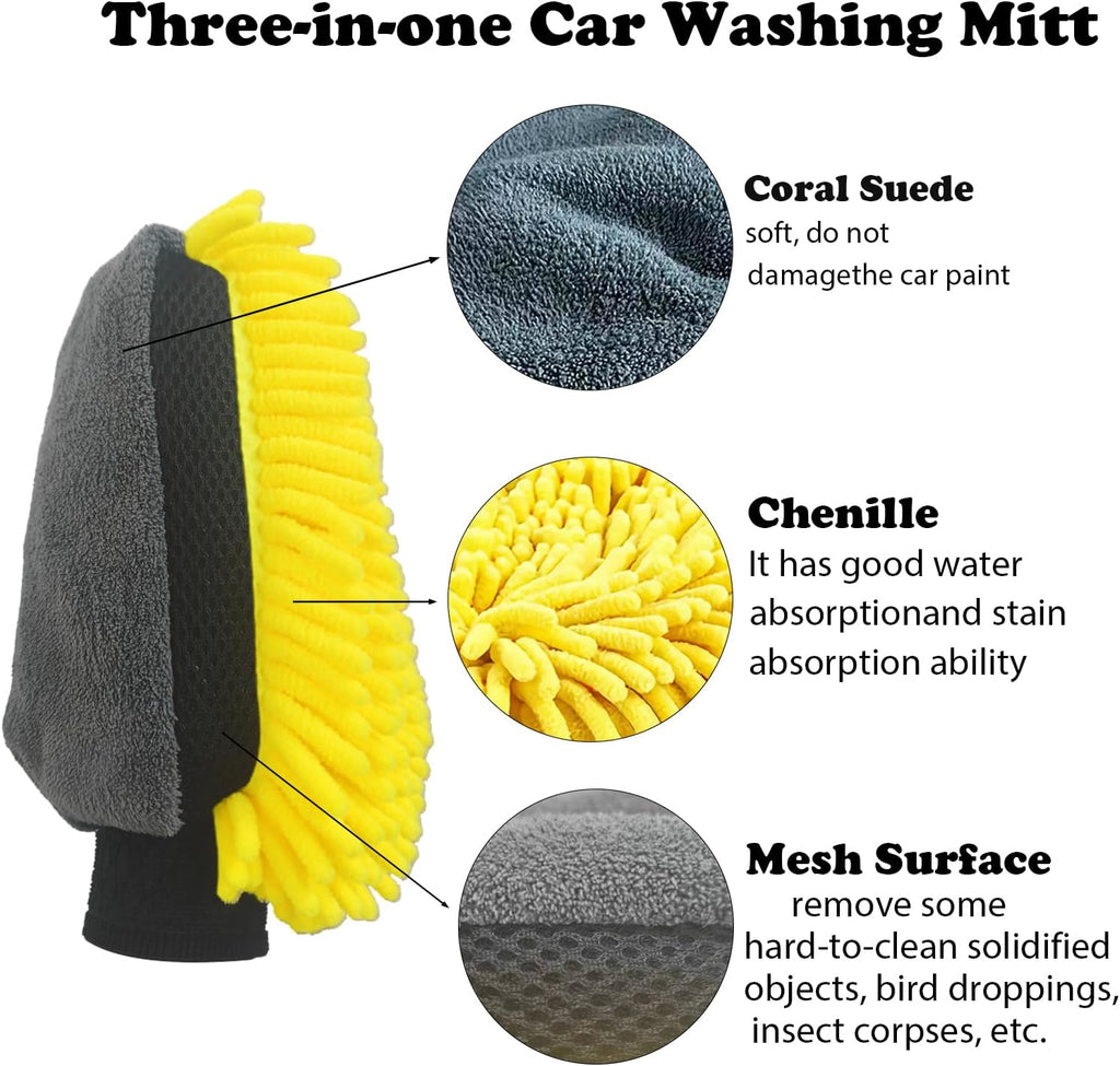 Car Wash Mitt 3 in 1 Microfiber for Clean Cars Scratch-Free Waterproof Washing Glove Dry Mitt for Motorcycles Car Detailing Three-Sided Chenille Mesh Plush Microfiber (1 Pack-7 X 10 Inch)