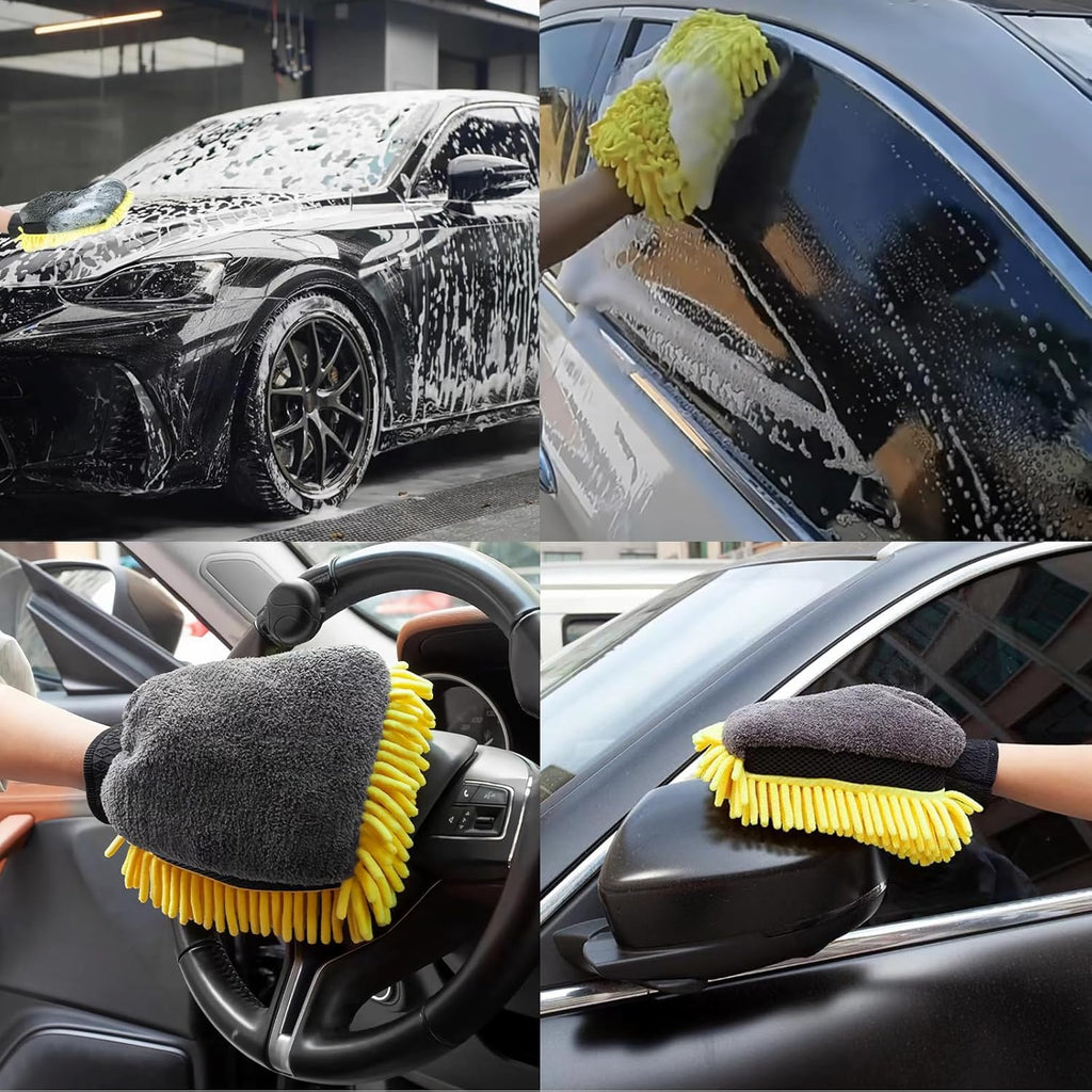Car Wash Mitt 3 in 1 Microfiber for Clean Cars Scratch-Free Waterproof Washing Glove Dry Mitt for Motorcycles Car Detailing Three-Sided Chenille Mesh Plush Microfiber (1 Pack-7 X 10 Inch)