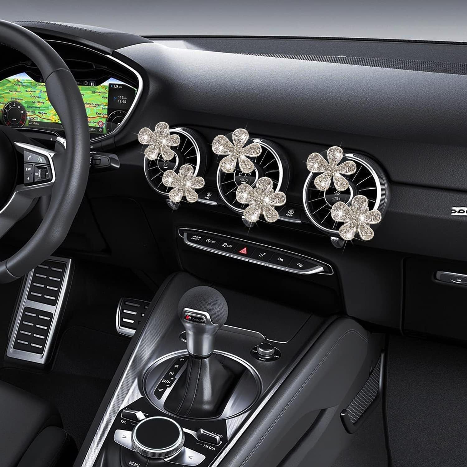 6Pcs Diamond Encrusted Flower Car Air Fresheners Vent Clips with 12Pcs Fragrance Pads Cute Car Air Conditioner Vent Charm Interior Decor Gift